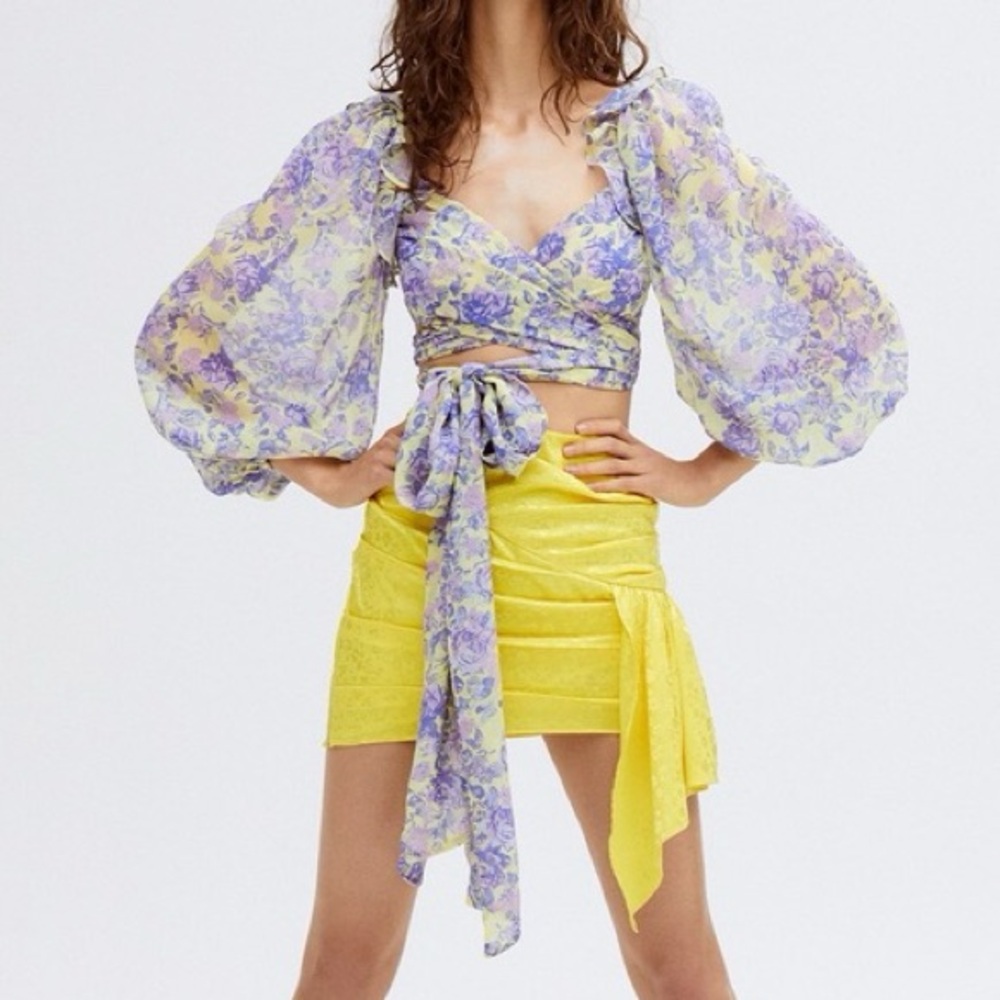For Love And Lemons Purple and Yellow Crop Blouse with Tie Front